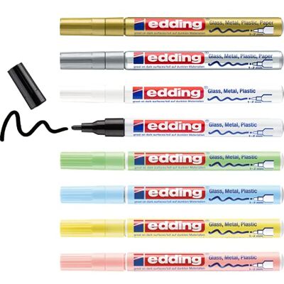 edding 751 glanslackmarkörset – flerfärgad, metallisk, pastell – 8 färgglada färgmarkörer – rund spets 1–2 mm – färgpenna för glas, sten, trä, plast och papper – vattentät, starkt täckande edding 751 glanslackmarkörset – flerfärgad, metallisk, pastell – 8 färgglada färgmarkörer – rund spets 1–2 mm – färgpenna för glas, sten, trä, plast och papper – vattentät, starkt täckande