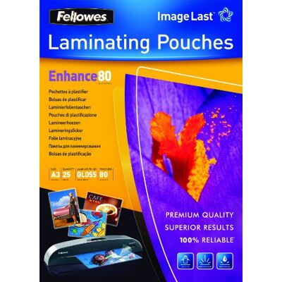 Fellowes lamineringsfolier A3-ImageLast,80 mikron (2 x 80 mikron), 25 stycken, transparent med orienteringshjälp. Perfekt för foton och informationsvarningar med optimal kontrast Fellowes lamineringsfolier A3-ImageLast,80 mikron (2 x 80 mikron), 25 stycken, transparent med orienteringshjälp. Perfekt för foton och informationsvarningar med optimal kontrast