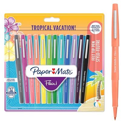 Paper Mate Flair filtpennor Medium punkt (0,7 mm) markörpennor blandade tropiska semesterfärgpennor För barn och vuxna färgning, journalföring och mer 12 stycken Paper Mate Flair filtpennor Medium punkt (0,7 mm) markörpennor blandade tropiska semesterfärgpennor För barn och vuxna färgning, journalföring och mer 12 stycken