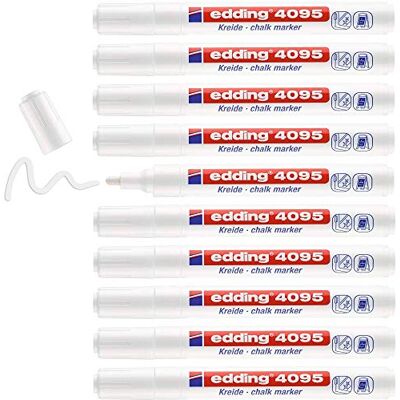 edding 4095 kritmarkör – vit – 10 kritpennor – rund spets 2–3 mm – kritpenna för att torka av tavlan – för märkning av fönster, glas, spegel – bordspenna med ogenomskinliga färger edding 4095 kritmarkör – vit – 10 kritpennor – rund spets 2–3 mm – kritpenna för att torka av tavlan – för märkning av fönster, glas, spegel – bordspenna med ogenomskinliga färger