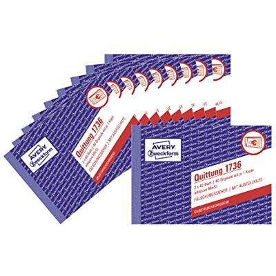 Avery 1736-10 kvitteringsblock (A6 tvärgående 2 x 40 ark, med genomslag, förfalskningssäker, inklusive moms, för Tyskland och Österrike) 10-pack, vit/gul Avery 1736-10 kvitteringsblock (A6 tvärgående 2 x 40 ark, med genomslag, förfalskningssäker, inklusive moms, för Tyskland och Österrike) 10-pack, vit/gul