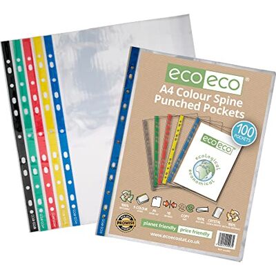 eco-eco A4 100% återvunnen färgad rygg flera stansade fickor glas klart, transparent poly plånboksarkskydd, 45 mikron (paket med 100), eco093 eco-eco A4 100% återvunnen färgad rygg flera stansade fickor glas klart, transparent poly plånboksarkskydd, 45 mikron (paket med 100), eco093