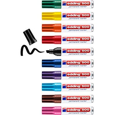 edding 500 permanent markör – flerfärgad – 10 pennor – mejselspets 2–7 mm – vattentäta, snabbtorkande, smetsäkra pennor – för kartong, plast, trä, metall, glas och tyg edding 500 permanent markör – flerfärgad – 10 pennor – mejselspets 2–7 mm – vattentäta, snabbtorkande, smetsäkra pennor – för kartong, plast, trä, metall, glas och tyg