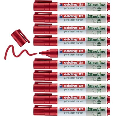 edding 21 Ecoline permanent marker – röd – låda med 10 – rund spets 1,5–3 mm – vattenfast, snabbtorkande, fläckfria pennor – för kartong, plast, glas, trä, metall och tyg – går att fylla på edding 21 Ecoline permanent marker – röd – låda med 10 – rund spets 1,5–3 mm – vattenfast, snabbtorkande, fläckfria pennor – för kartong, plast, glas, trä, metall och tyg – går att fylla på