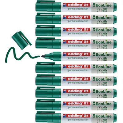 edding 21 Ecoline permanent marker – grön – låda med 10 – rund spets 1,5–3 mm – vattenfast, snabbtorkande, fläckfria pennor – för kartong, plast, glas, trä, metall och tyg – går att fylla på edding 21 Ecoline permanent marker – grön – låda med 10 – rund spets 1,5–3 mm – vattenfast, snabbtorkande, fläckfria pennor – för kartong, plast, glas, trä, metall och tyg – går att fylla på