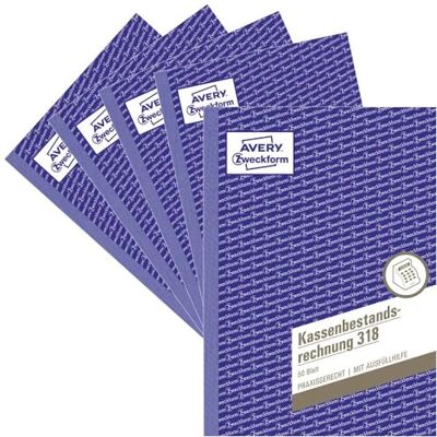 Avery Syftesform 318-5 kassaräkning (A5, kontrolleras av högersexperter, för Tyskland och Österrike för korrekt och prisvärd bokföring, 50 ark) 5-pack vit Avery Syftesform 318-5 kassaräkning (A5, kontrolleras av högersexperter, för Tyskland och Österrike för korrekt och prisvärd bokföring, 50 ark) 5-pack vit