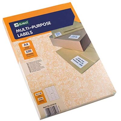 D.RECT självhäftande etiketter universaletiketter (70 x 30 mm på DIN A4) självhäftande 100 ark/förpackning 27 etiketter/blad 2 700 stycken vita D.RECT självhäftande etiketter universaletiketter (70 x 30 mm på DIN A4) självhäftande 100 ark/förpackning 27 etiketter/blad 2 700 stycken vita