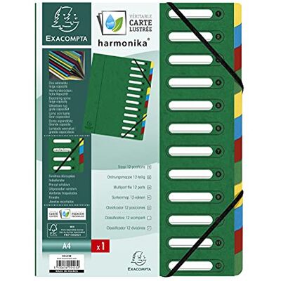 Exacompta Ref 55123E 1 HARMONIKA sorteringsverk med resårer och utskurna fönster glansigt papphölje utdragbar rygg 12 fack för A4 mått 24,5 x 32 cm färg grön Exacompta Ref 55123E 1 HARMONIKA sorteringsverk med resårer och utskurna fönster glansigt papphölje utdragbar rygg 12 fack för A4 mått 24,5 x 32 cm färg grön