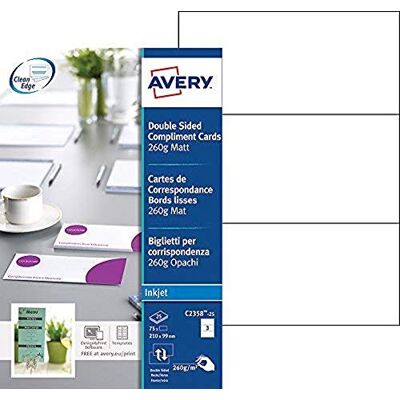 Avery C2358-25 utskrivbara dubbelsidiga komplimentkort, 3 kort per A4-ark Avery C2358-25 utskrivbara dubbelsidiga komplimentkort, 3 kort per A4-ark