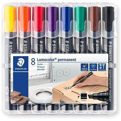 STAEDTLER 350 WP8 Lumocolor permanent marker Keilspitze, 2 mm oder 5 mm, aufstellbare Box mit 8 farben STAEDTLER 350 WP8 Lumocolor permanent marker Keilspitze, 2 mm oder 5 mm, aufstellbare Box mit 8 farben