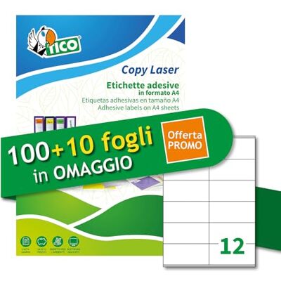 TICO Italia LP4W-10548P multifunktionsetiketter vita klistermärken, 100 + 10 st extra ark, rektangulära, 105 x 48 mm, 12 etiketter per ark, permanent lim, laser- och bläckstråleskrivare TICO Italia LP4W-10548P multifunktionsetiketter vita klistermärken, 100 + 10 st extra ark, rektangulära, 105 x 48 mm, 12 etiketter per ark, permanent lim, laser- och bläckstråleskrivare