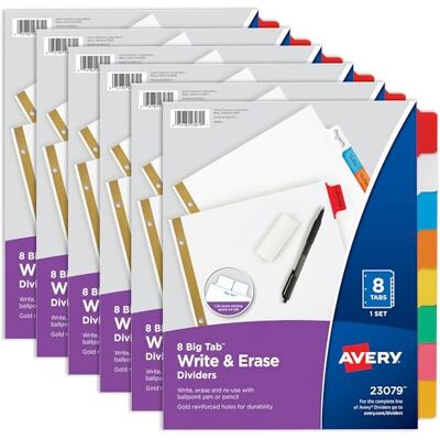 Avery Big Tab Skriv- och raderingsavdelare för 3 ringpärmar, 8-flikar, flerfärgade avdelarflikar, bra för att organisera projekt, rapporter, ekonomi och mer (6-pack med 23079) Avery Big Tab Skriv- och raderingsavdelare för 3 ringpärmar, 8-flikar, flerfärgade avdelarflikar, bra för att organisera projekt, rapporter, ekonomi och mer (6-pack med 23079)