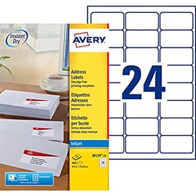 Avery Påse med 600 självhäftande adressetiketter, anpassningsbara och utskrivbara, format 63,5 x 33,9 mm, bläckstråleutskrift, (J8159-25) Avery Påse med 600 självhäftande adressetiketter, anpassningsbara och utskrivbara, format 63,5 x 33,9 mm, bläckstråleutskrift, (J8159-25)