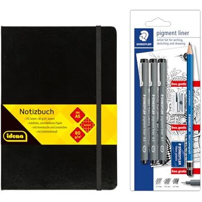 Idena 90326 – Anteckningsbok DIN A5 med 192 sidor, rutig, inklusive STAEDTLER Artist set med 3 pigmentfoder, en blyertspenna, pennvässare och suddgummi Idena 90326 – Anteckningsbok DIN A5 med 192 sidor, rutig, inklusive STAEDTLER Artist set med 3 pigmentfoder, en blyertspenna, pennvässare och suddgummi