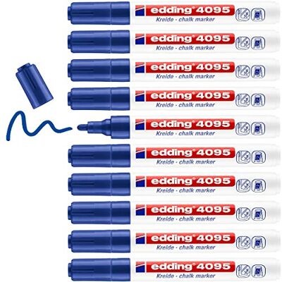 edding 4095 kritmarkör – blå – 10 kritpennor – rund spets 2–3 mm – kritpenna för tavla avtorkningsbar – för märkning av fönster, glas, spegel – bordspenna med ogenomskinliga färger edding 4095 kritmarkör – blå – 10 kritpennor – rund spets 2–3 mm – kritpenna för tavla avtorkningsbar – för märkning av fönster, glas, spegel – bordspenna med ogenomskinliga färger