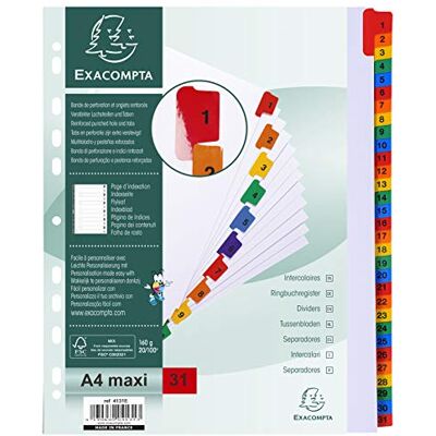 Exacompta Ref 4131E Vita kortavdelare 160g/m2 FSC med 31 digitalt tryckta flikar från 1 till 31 i färg Indexsida som kan skrivas ut Maximalt arkiveringsformat A4 Exacompta Ref 4131E Vita kortavdelare 160g/m2 FSC med 31 digitalt tryckta flikar från 1 till 31 i färg Indexsida som kan skrivas ut Maximalt arkiveringsformat A4