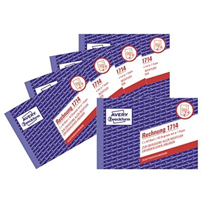Avery 1714-5 faktura (A6 tvärgående 2 x 40 ark, självkopierande med färgad genomslag, med netto- och bruttobelopp, moms och mycket mer, speciellt för Österrike) 5-pack, vit/gul Avery 1714-5 faktura (A6 tvärgående 2 x 40 ark, självkopierande med färgad genomslag, med netto- och bruttobelopp, moms och mycket mer, speciellt för Österrike) 5-pack, vit/gul