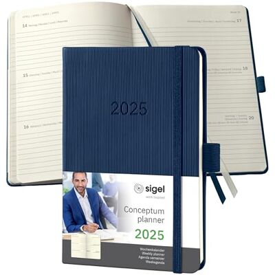 Sigel C2563 Mötesplanerare Veckokalender 2025, Ca A6, Mörkblå, Inbunden, 176 Sidor, Resårband, Pennögla, Arkivväska, Tillverkad av Hållbart Papper, Conceptum. Sigel C2563 Mötesplanerare Veckokalender 2025, Ca A6, Mörkblå, Inbunden, 176 Sidor, Resårband, Pennögla, Arkivväska, Tillverkad av Hållbart Papper, Conceptum.