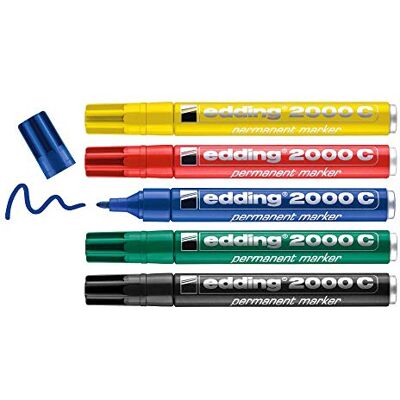 edding 2000 C Permanent markör, röd, blå, grön, gul, svart, 5 färger, rund spets, snabbtorkande, vattentät, för kartong, plast, trä, metall, glas edding 2000 C Permanent markör, röd, blå, grön, gul, svart, 5 färger, rund spets, snabbtorkande, vattentät, för kartong, plast, trä, metall, glas