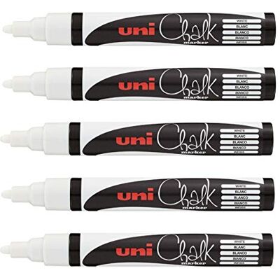 uni-ball – Uni Mitsubishi Pencil – kritmarkör PWE-5M – mångsidig – regnbeständig – perfekt för spegelglas/skifferbräda – medium konisk spets – 5-pack – vit uni-ball – Uni Mitsubishi Pencil – kritmarkör PWE-5M – mångsidig – regnbeständig – perfekt för spegelglas/skifferbräda – medium konisk spets – 5-pack – vit