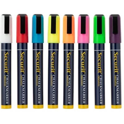 Securit Uppsättning av 8 Illumigraph markör penna skrivinstrument teckning markör kontor tillbehör smal mejselpunkt. Färger: vit, rosa, röd, orange, gul, grön, blå och lila. Spet: 2 x 6 mm. Securit Uppsättning av 8 Illumigraph markör penna skrivinstrument teckning markör kontor tillbehör smal mejselpunkt. Färger: vit, rosa, röd, orange, gul, grön, blå och lila. Spet: 2 x 6 mm.