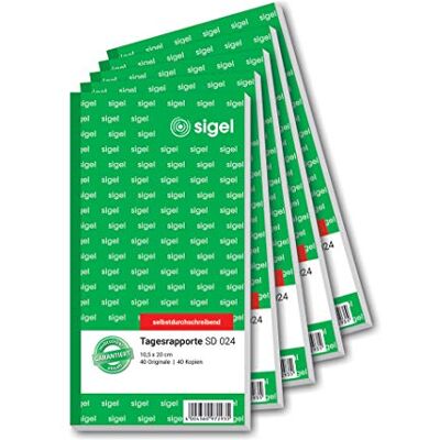 Sigel SD024/5 dagrapport 10,5 x 20 cm, 2 x 40 blad, självskrivande, 5-pack Sigel SD024/5 dagrapport 10,5 x 20 cm, 2 x 40 blad, självskrivande, 5-pack