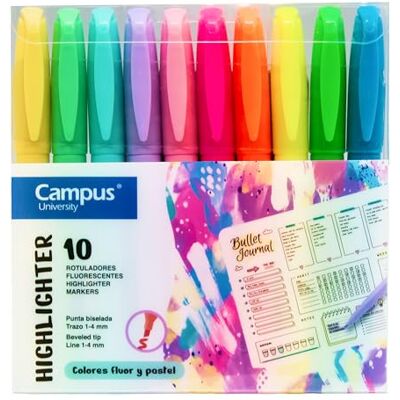 Campus Fluorescerande överstrykningspenna, markörpenna med fasad spets, 10-pack neon- och pastellfärgade markörer, vattenbaserade markörer (10-pack neon och pastell) Campus Fluorescerande överstrykningspenna, markörpenna med fasad spets, 10-pack neon- och pastellfärgade markörer, vattenbaserade markörer (10-pack neon och pastell)