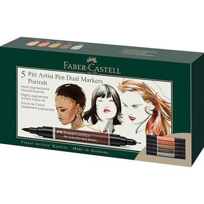 Faber-Castell 162009 Tuschpennor Pitt Artist Pen Dual, 5 markeringspennor med två spetsar – penselspets och fiberspets Filtspennset Portrait Faber-Castell 162009 Tuschpennor Pitt Artist Pen Dual, 5 markeringspennor med två spetsar – penselspets och fiberspets Filtspennset Portrait