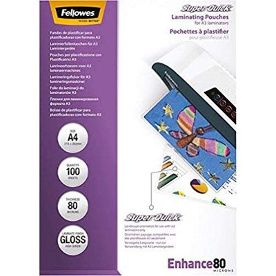Fellowes Lamineringsfolie A4 SuperQuick, 80 mikron (2 x 80 mic), förseglad på långsidan, för A3-lamineringsapparater, 100 stycken Fellowes Lamineringsfolie A4 SuperQuick, 80 mikron (2 x 80 mic), förseglad på långsidan, för A3-lamineringsapparater, 100 stycken