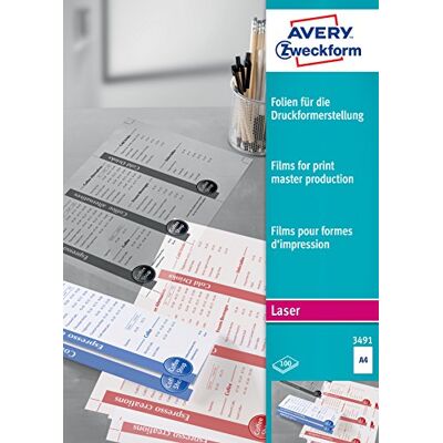 Avery Specialform 3491 laserfolie – transparenta film för tillverkning av tryckformar (100 stycken, A4, matt belagd, stapelbearbetbar, för S/W laserskrivare, folietjocklek 0,10 mm) Avery Specialform 3491 laserfolie – transparenta film för tillverkning av tryckformar (100 stycken, A4, matt belagd, stapelbearbetbar, för S/W laserskrivare, folietjocklek 0,10 mm)