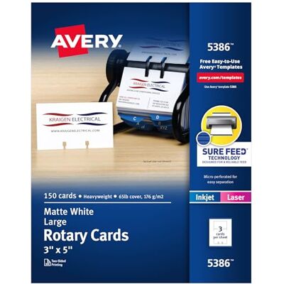 Avery Laser/bläckstråleroterande kort, 3 x 5, 3 kort/lakan, 150 kort/låda Avery Laser/bläckstråleroterande kort, 3 x 5, 3 kort/lakan, 150 kort/låda