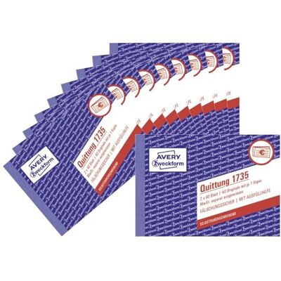 Avery 1735-10 kvitteringsblock (A6 tvärgående 2 x 40 ark, med genomslag, förfalskningssäker, separat redovisad moms, för Tyskland och Österrike) 10-pack, vit/gul Avery 1735-10 kvitteringsblock (A6 tvärgående 2 x 40 ark, med genomslag, förfalskningssäker, separat redovisad moms, för Tyskland och Österrike) 10-pack, vit/gul