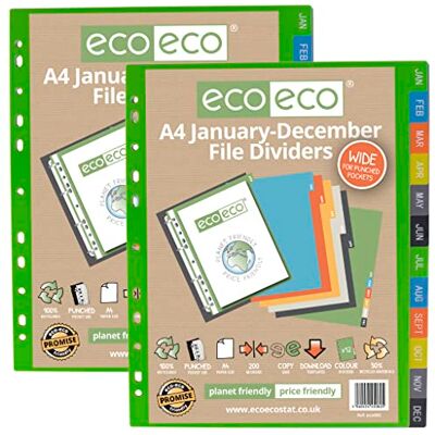 eco-eco A4 50% återvunnen flerstansad förstärkt färg januari december ämnesindex extra breda fildelare 200 mic (paket med 2), eco082x2 eco-eco A4 50% återvunnen flerstansad förstärkt färg januari december ämnesindex extra breda fildelare 200 mic (paket med 2), eco082x2