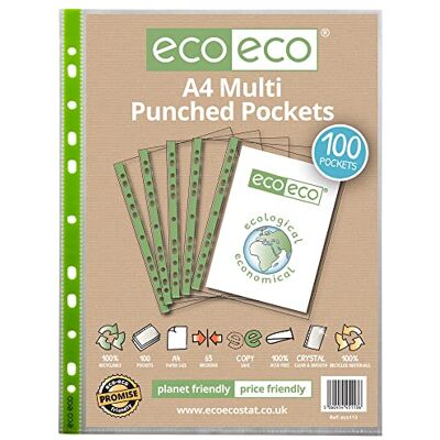 eco-eco A4 100% återvunnen premier multi stansade fickor glas klart, transparent poly plånbok ark skydd, 65 mikron (paket med 100), eco113 eco-eco A4 100% återvunnen premier multi stansade fickor glas klart, transparent poly plånbok ark skydd, 65 mikron (paket med 100), eco113