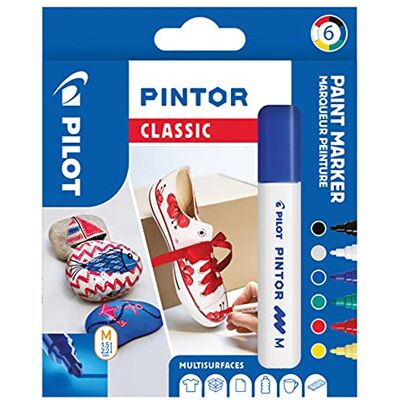PILOT PINTOR Kreativ markör – 6 stycken i M – klassiska färger – färgmarkeringspennor för gör-det-själv-projekt, för nästan alla ytor, snabbtorkande och vältäckande PILOT PINTOR Kreativ markör – 6 stycken i M – klassiska färger – färgmarkeringspennor för gör-det-själv-projekt, för nästan alla ytor, snabbtorkande och vältäckande