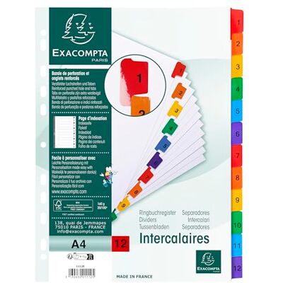 Exacompta Ref. 1112E kartong med 20 fack i vitt kort 160 g/m2 FSC® med 12 digitala tryckta flikar 1 till 12 färger utskrivbar indexeringssida För A4-format Dim 22,5 x 29,7 cm Exacompta Ref. 1112E kartong med 20 fack i vitt kort 160 g/m2 FSC® med 12 digitala tryckta flikar 1 till 12 färger utskrivbar indexeringssida För A4-format Dim 22,5 x 29,7 cm