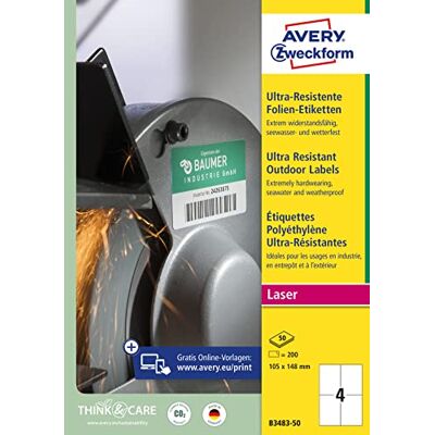 Avery B3483-50 slitstarka folieetiketter (200 klistermärken, 105 x 148 mm på A4, extremt stark självhäftande, för svåra ytor, tryckbar utomhus-självhäftande folie) 50 ark, vit Avery B3483-50 slitstarka folieetiketter (200 klistermärken, 105 x 148 mm på A4, extremt stark självhäftande, för svåra ytor, tryckbar utomhus-självhäftande folie) 50 ark, vit