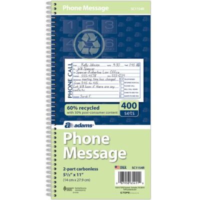 Adams återvunnen telefonmeddelandebok, 2-delad självsäker, 4 meddelanden per sida, 400 set/bok (SC1154R) Adams återvunnen telefonmeddelandebok, 2-delad självsäker, 4 meddelanden per sida, 400 set/bok (SC1154R)