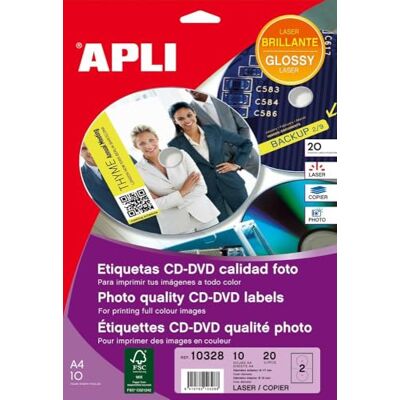 APLI -etiketter för CD, DVD, glänsande, för laser och kopiator, 117 mm, 10 blad, 20 stycken APLI -etiketter för CD, DVD, glänsande, för laser och kopiator, 117 mm, 10 blad, 20 stycken