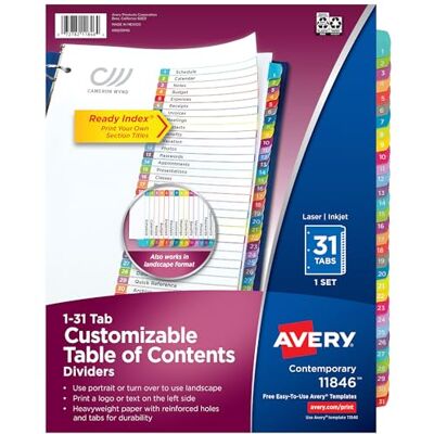 Avery 31-flikars avdelare för 3 ringpärmar, anpassningsbar innehållsförteckning, flerfärgade flikar, 1 set (11846) Avery 31-flikars avdelare för 3 ringpärmar, anpassningsbar innehållsförteckning, flerfärgade flikar, 1 set (11846)
