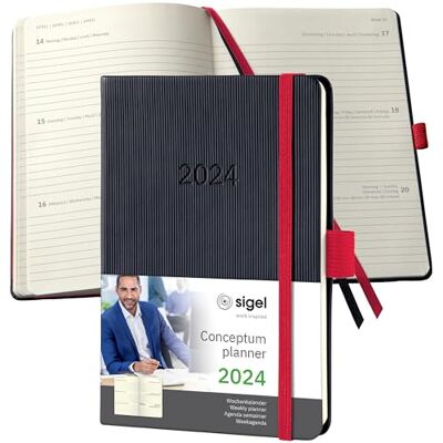 Sigel C2509 Mötesplanerare Veckokalender 2025, Ca A6, Svart, Röd, Inbunden, 176 Sidor, Resårband, Pennögla, Arkivväska, Tillverkad av Hållbart Papper, Conceptum. Sigel C2509 Mötesplanerare Veckokalender 2025, Ca A6, Svart, Röd, Inbunden, 176 Sidor, Resårband, Pennögla, Arkivväska, Tillverkad av Hållbart Papper, Conceptum.