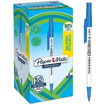 Paper Mate Kilometrico-kulspetspennor Lång användningstid med mediumspets (1,0 mm) Blått bläck 80% återvunnen plast 50 st. Paper Mate Kilometrico-kulspetspennor Lång användningstid med mediumspets (1,0 mm) Blått bläck 80% återvunnen plast 50 st.