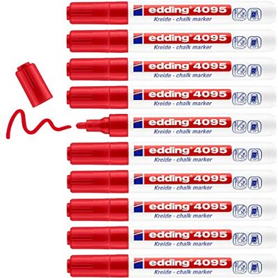 edding 4095 kritmarkör – röd – 10 kritpennor – rund spets 2–3 mm – kritpenna för tavla avtorkningsbar – för märkning av fönster, glas, spegel – bordspenna med ogenomskinliga färger edding 4095 kritmarkör – röd – 10 kritpennor – rund spets 2–3 mm – kritpenna för tavla avtorkningsbar – för märkning av fönster, glas, spegel – bordspenna med ogenomskinliga färger