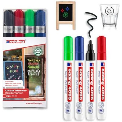edding 4095 kolpennset svart rud blå grön 4 kolmarkers rund spets 2–3 mm – vattenlöslig penna med medium spets för krittalvor, fönster, glas, speglar – flytande kolmärkpennor för opak täckning edding 4095 kolpennset svart rud blå grön 4 kolmarkers rund spets 2–3 mm – vattenlöslig penna med medium spets för krittalvor, fönster, glas, speglar – flytande kolmärkpennor för opak täckning
