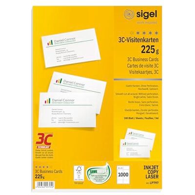 Sigel LP797 utskrivbara visitkort 3C, 1 000 stycken (100 ark), högvit, slätt snitt runt, 225 g, 85 x 55 mm Sigel LP797 utskrivbara visitkort 3C, 1 000 stycken (100 ark), högvit, slätt snitt runt, 225 g, 85 x 55 mm
