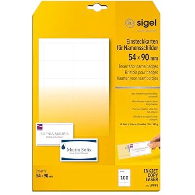 Sigel LP898 Inlägg för namnbrickor, 5,4 x 9 cm, vit, 100 st. = 10 ark Sigel LP898 Inlägg för namnbrickor, 5,4 x 9 cm, vit, 100 st. = 10 ark