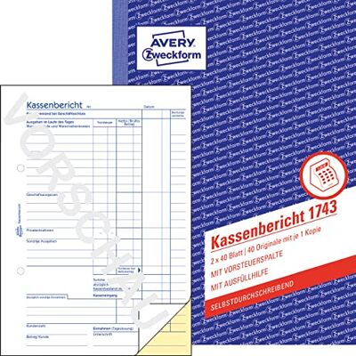 Avery 1743 kassarapport (A5, 2 x 40 ark, självkopierande, retrograderad fastställning av dagliga inkomster, kontrollerad av juridiska experter, för DE/AT, för korrekt bokföring) vit/gul Avery 1743 kassarapport (A5, 2 x 40 ark, självkopierande, retrograderad fastställning av dagliga inkomster, kontrollerad av juridiska experter, för DE/AT, för korrekt bokföring) vit/gul