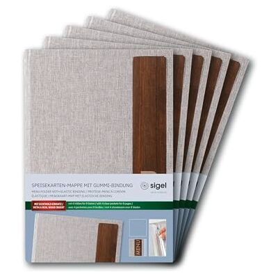 Sigel SM223/5 Meny-mapp A5 "Menu" med gummibindning, 5-pack, slitstarkt och vattenavvisande omslag, ljusgrå/brun med linnestruktur, plast och valnöt Sigel SM223/5 Meny-mapp A5 "Menu" med gummibindning, 5-pack, slitstarkt och vattenavvisande omslag, ljusgrå/brun med linnestruktur, plast och valnöt