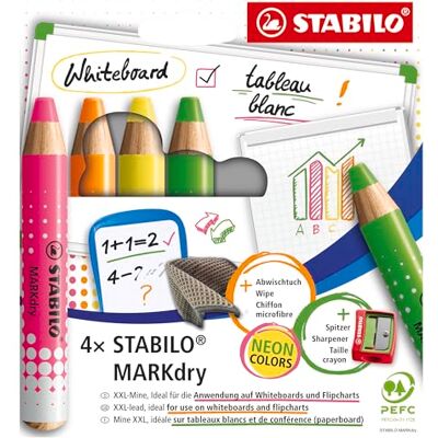 STABILO – Whiteboard och blädderblock – MarKdry – 4-pack med pennvässare och torkduk – i fyra neonfärger STABILO – Whiteboard och blädderblock – MarKdry – 4-pack med pennvässare och torkduk – i fyra neonfärger