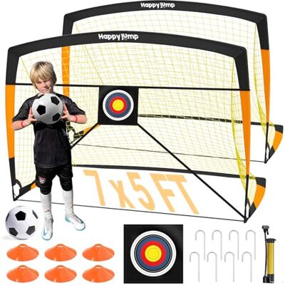 Happy Jump fotbollsmål set – pop up fotbollsnät för utomhus med målblad, boll, pump, koner – 7 x 5 fot BO Pro Happy Jump fotbollsmål set – pop up fotbollsnät för utomhus med målblad, boll, pump, koner – 7 x 5 fot BO Pro